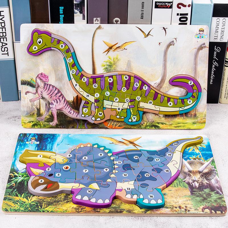 Children's 3D Wooden Dinosaur Puzzle: Number & Letter Educational Toy for Ages 3-6