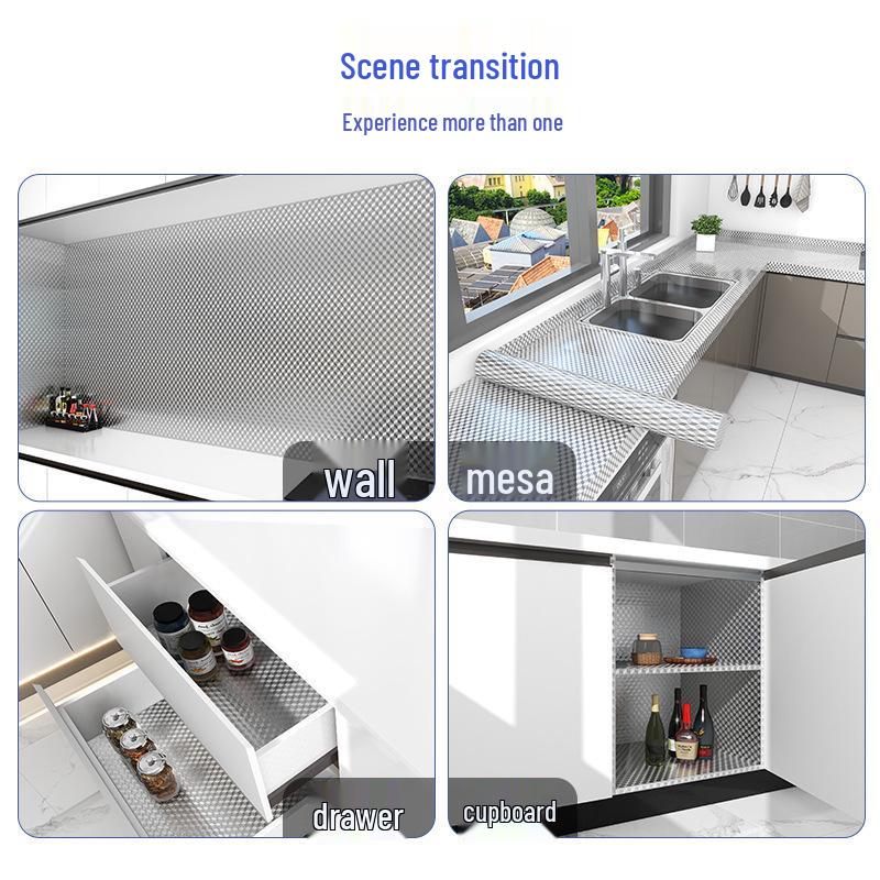 High-Temp Resistant Self-Adhesive Kitchen Foil Wallpaper: Waterproof, Oil-Proof, for Cabinets, Stoves, and Countertops.