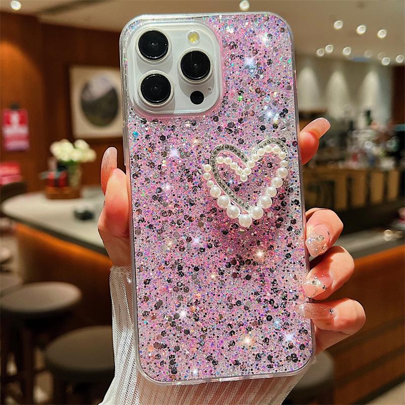 Luxus Glitzerpuder Silikonhülle für iPhone 15 Pro Max, 12, 11 - Doppelschichtiges Perlen-Liebes-Design, Fallschutz