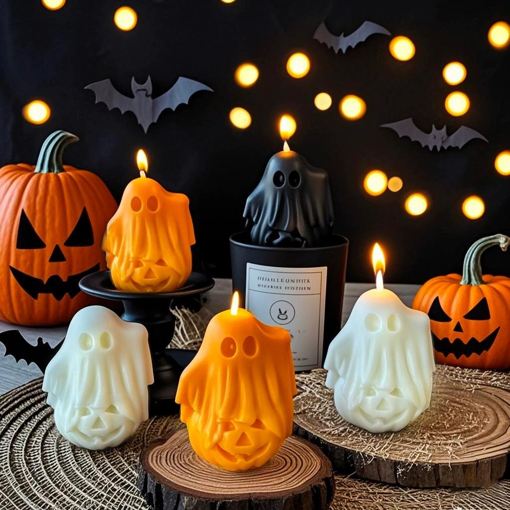 Hot !!!1Pc Halloween Ghost Scented Candle Natural Soy Wax Cinnamon Fragrance Spooky Decor Funny Home Ornament Festival Supplies