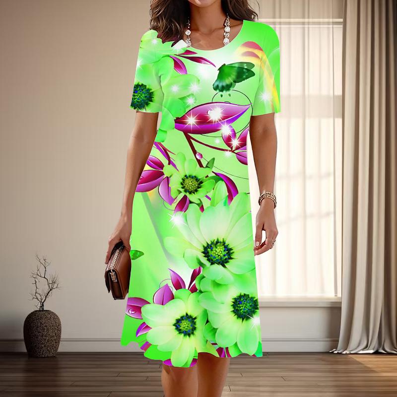 

Женская мода изящный красивый цветочный принт лето весна короткий рукав О-образный вырез повседневные платья 3XL зелёный