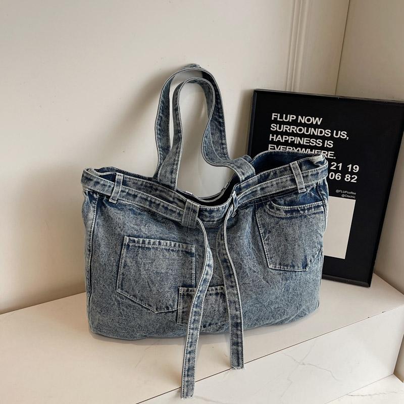 Vintage Shoulder Bag Women's Denim Tote Bag Large Capacity Student Class Bag