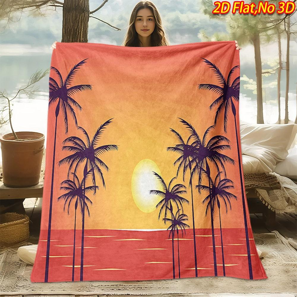 1pc Tropical Palm Tree Beach Blanket - Soft Flannel Suitable for All Seasons, 100% Polyester Suitable for Bed, Couch, Poolside - Palm Tree Sunset Prin