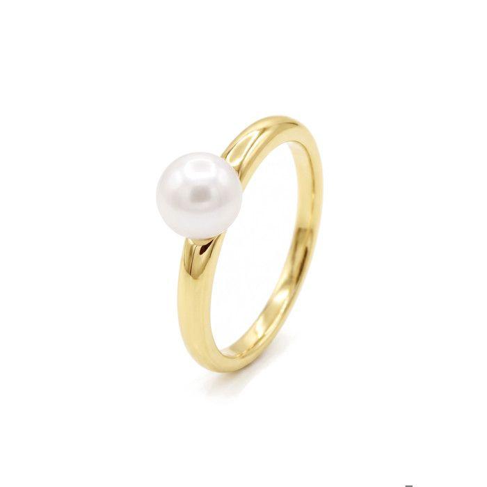 Bague - Pearls & Colors - Perle de Culture d'Eau Douce 6-7 mm Ronde - Perle Blanche - Or Jaune 375/1000 - Qualité AAA+ - Femme