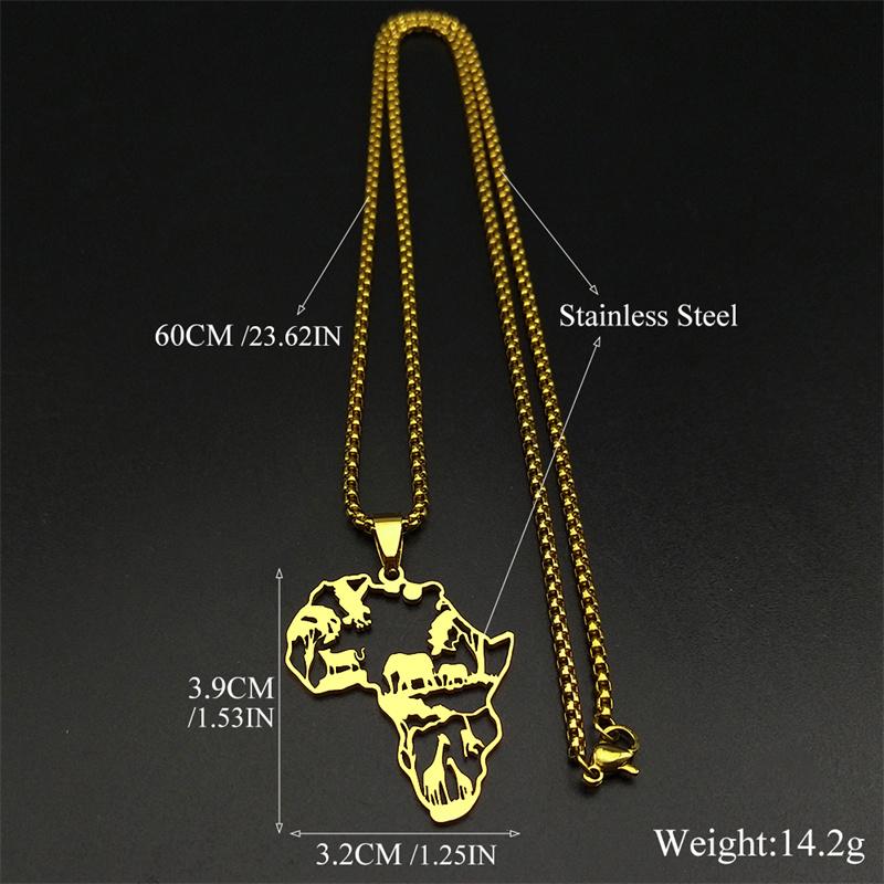Africa Map Pendant Necklace For Women Men Stainless Steel Gold Silver Color Hollow Animal Nature Life Chain Jewelry Collar Gift