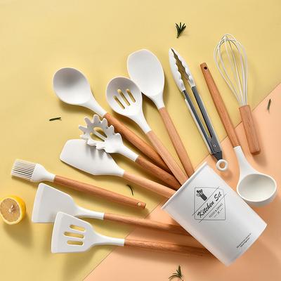 12Pcs Silicone Wooden Handle Cooking Utensils Set Non-Stick Heat Resistant Tongs Spatula Spoon Oil Brush Perfect Kitchen Supplies