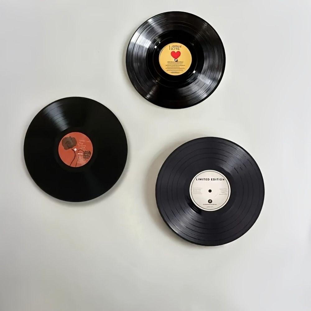 6Pcs 2D Printed Vinyl Record Coasters Anti-slip Retro Record Design Wooden Coasters Heat Insulation Cup Mats Photography Props