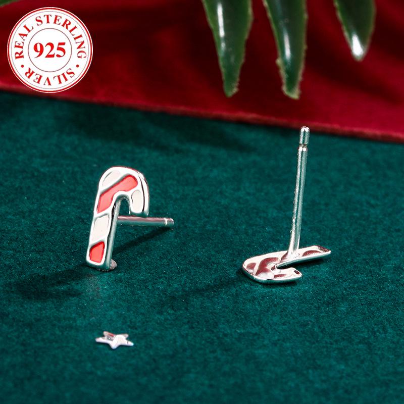 S925 Sterling Silver Christmas Candy Cane Stud Earrings for Women - Fashionable and Simple Holiday Accessory