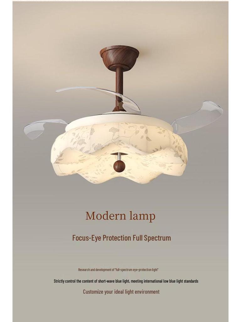 Vintage Song-Style Ceiling Fan Light with Printed Fabric Shade for Bedroom and Dining Room