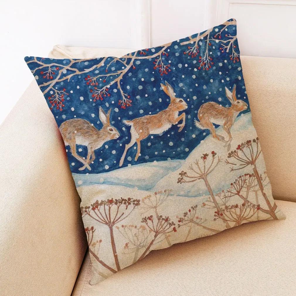 Creative Winter Animal Linen Pillowcase Cartoon Animal Pattern Car Cushion Cover Living Room Sofa Decoration