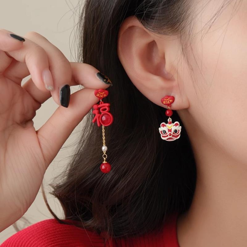 Chinese Style Red Little Lion Bell Pendant Earrings for Women The Year of The Dragon Gift New Year Festive Jewelry Gifts