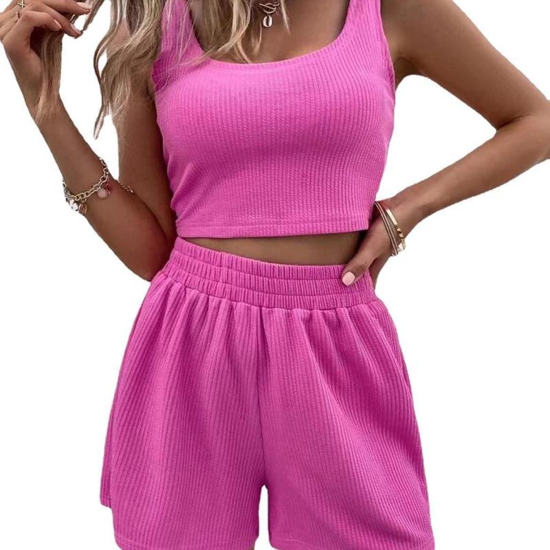 Damen Zweiteiler Sommer Strick Ärmelloses Crop Top und High Waist Kurze Lounge Sets