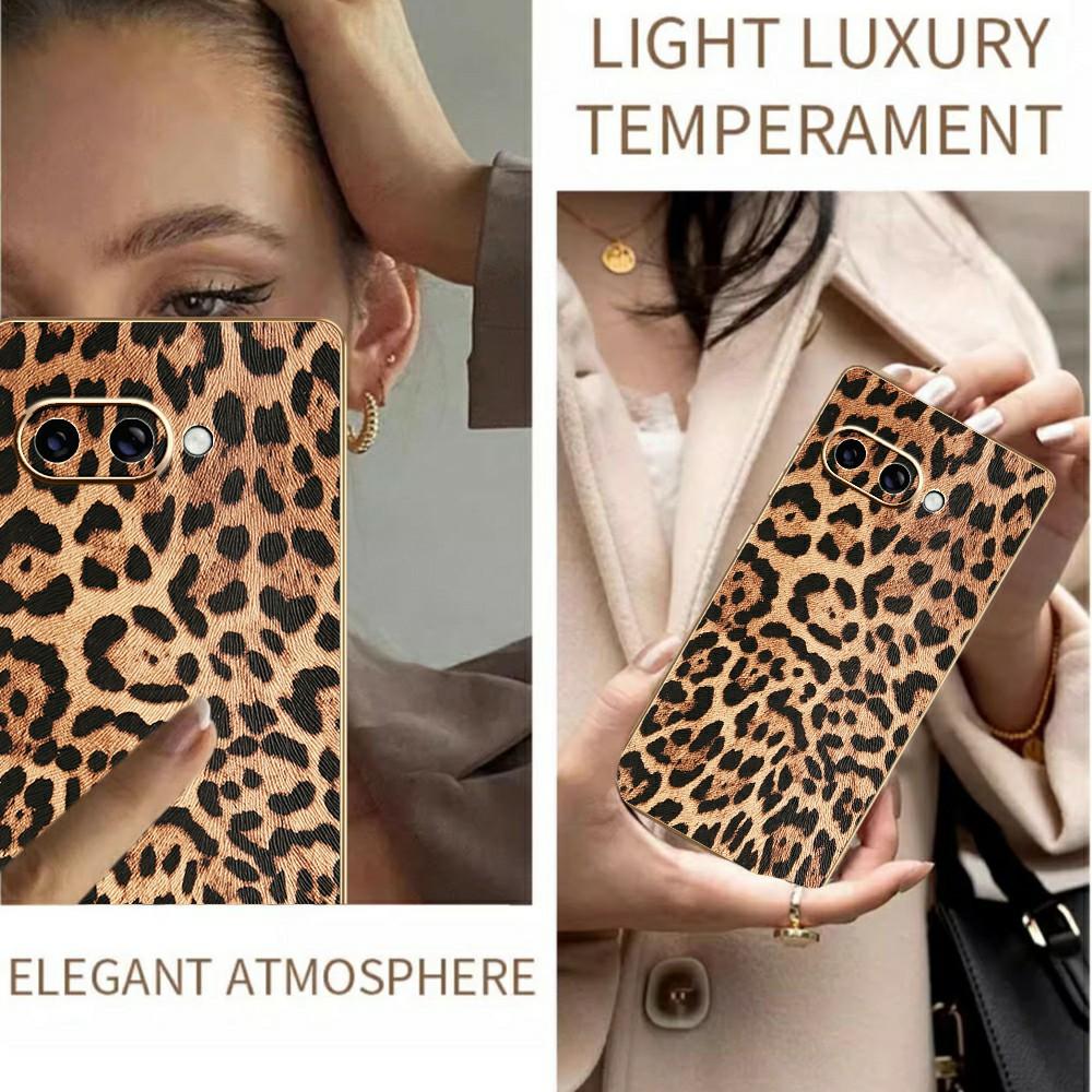 For Google Pixel 9a Case Leopard Print PU Leather Coated PC+TPU Electroplating Phone Cover