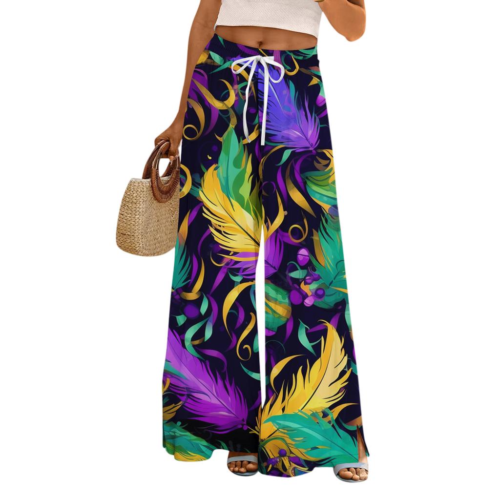 Damskie Luźne i Codzienne Spodnie z Szerokimi Nogawkami z Nadrukiem, z Elastycznym Pasem, Sznurkiem i Kieszeniami