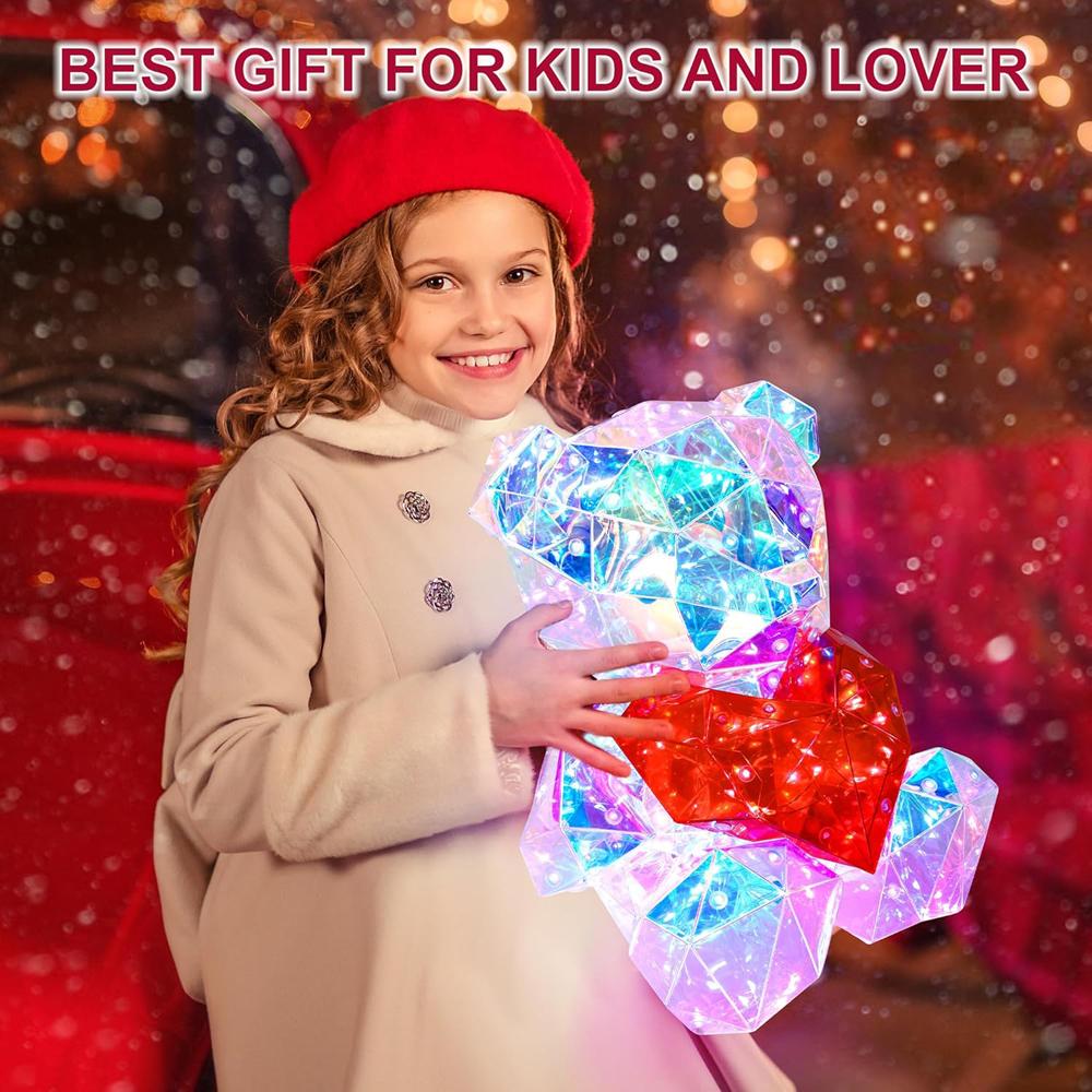Large Prismatic Iridescent Love Bear With LED Lights, Colorful Glow Indoor Decorations for Girlfriend Valentine's Day Gift
