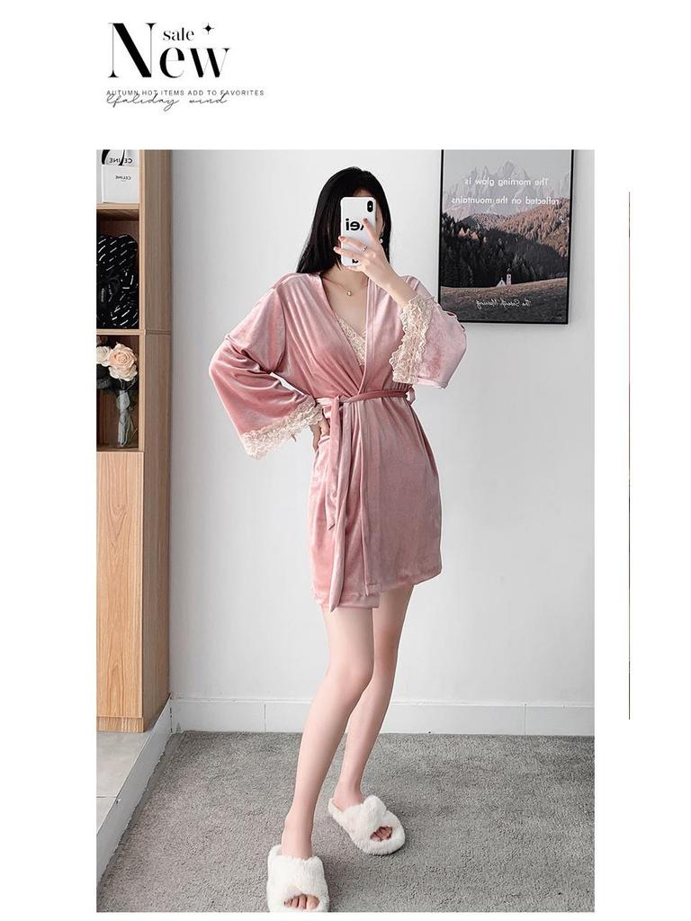 Autumn & Winter Sexy Gold Velvet Pajamas - Women's Lace Camisole Nightdress