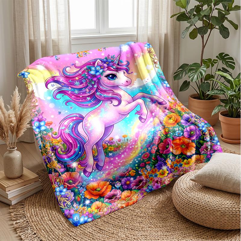 Fantasy Unicorn Stickers Theme Blanket Lightweight Warm Flannel Blanket Decorative Throw Blanket for Home Decoration