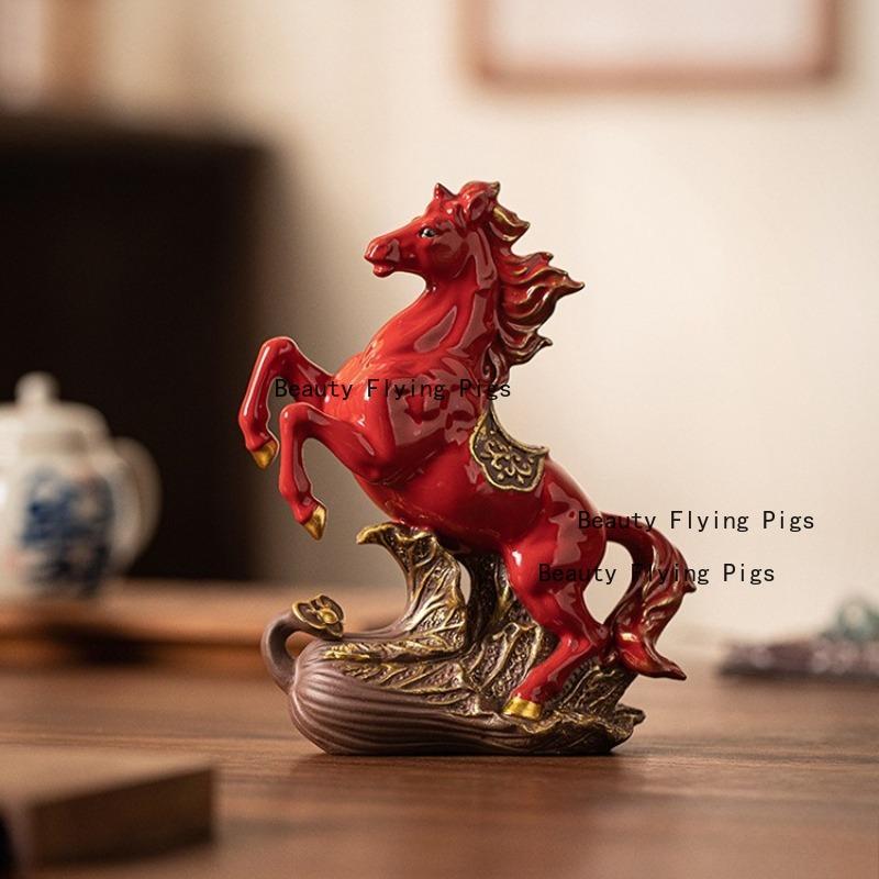 1 Stück Keramik-Pferde-Ornamente Glücksbringendes Sternzeichen-Pferd-Ornament Heimdekoration Rotes Sternzeichen-Pferd Tier-Maskottchen Schreibtisch-Dekoration