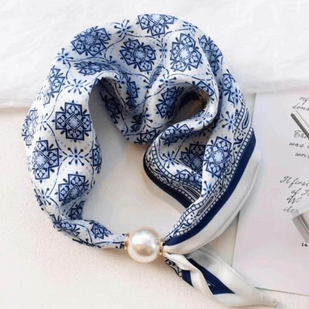 Polyester Lazy Scarf Chic Magnetic Buckle Scarf High End Silk Scarf  Vacation Blue White