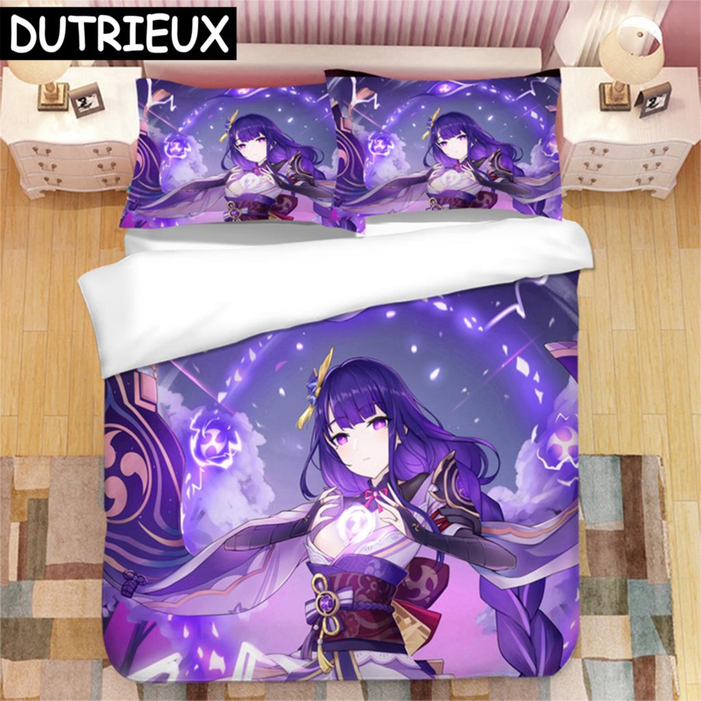 Genshin Impact Raiden Shogun 3D Printed Bedding Set Duvet Covers Pillowcases Comforter Bedding Set Bedclothes Duvet Cover