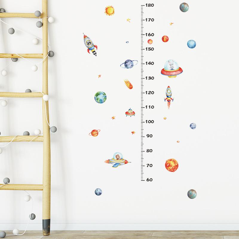Space Rocket Growth Chart Wall Stickers, Cartoon Planets Height Measure Decal for Kids Room Nursery Decor