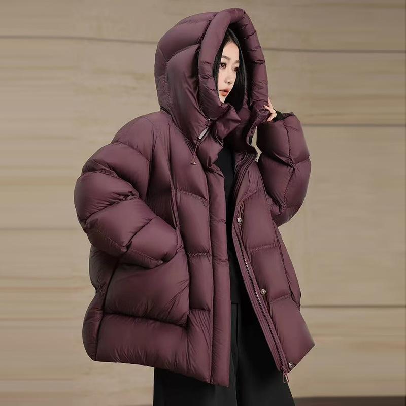 

Женский пуховик премиум-класса 2025 зима утолщенный объемный с капюшоном свободного кроя пух белой утки большая куртка-пуховик S