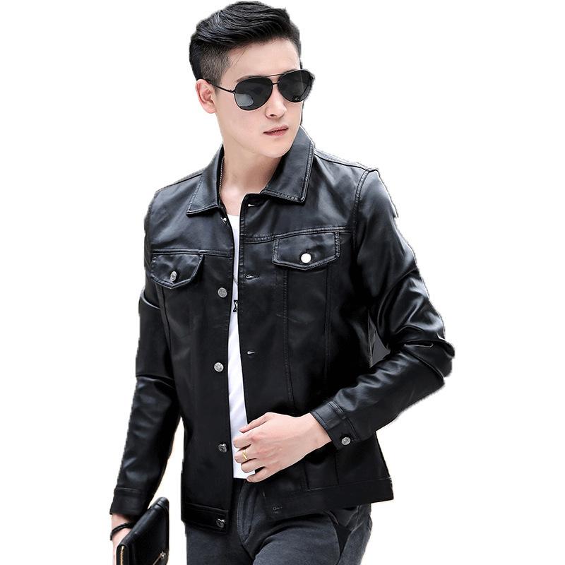 Neue Herbst Herren Slim Fit Koreanischer Stil PU Lederjacke mit Fake-Tasche