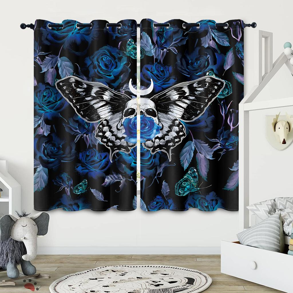 2 pieces of Gothic style skull moth blue rose patterned printed curtains for decorating bedrooms and living rooms