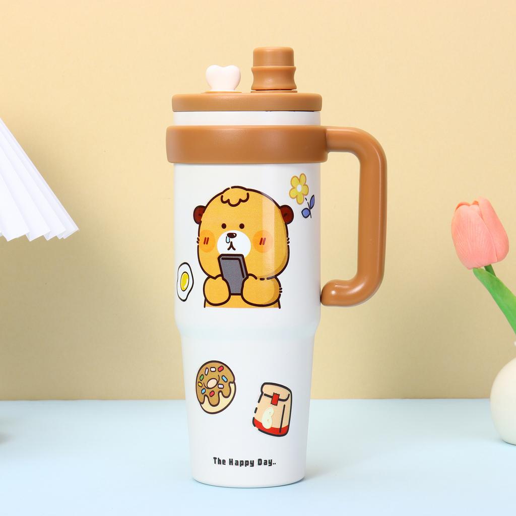 Water Bottle Cartoon Bingba Cup Stainless Steel Thermos Cup Straw Cup Large Capacity Handle Water Cup