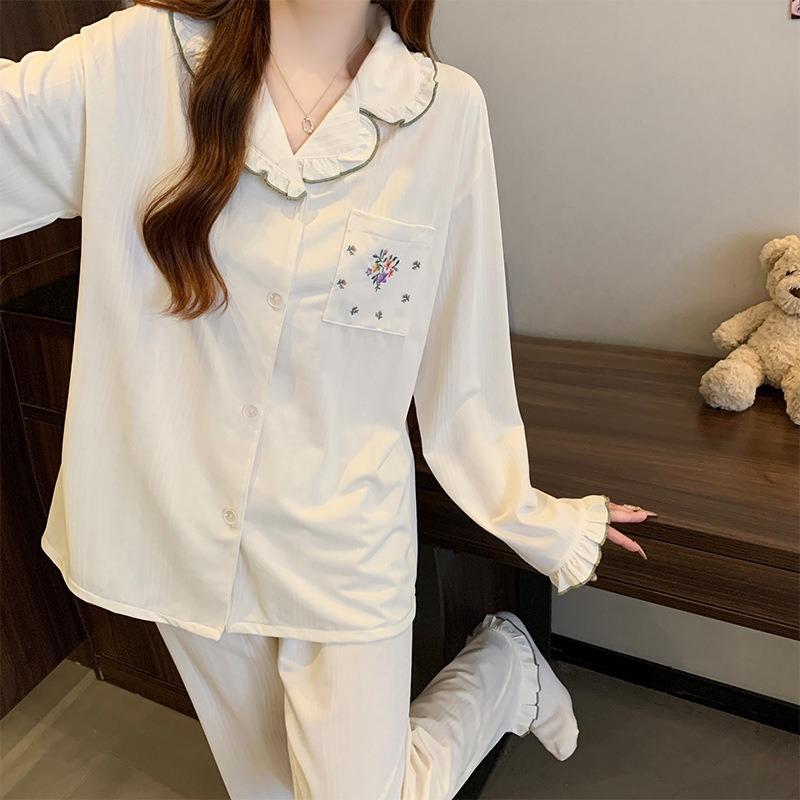 Wind Pyjama Damen Frühling neu hochwertig schlicht Lotusblatt Spitze Blumenstickerei Loungewear Set