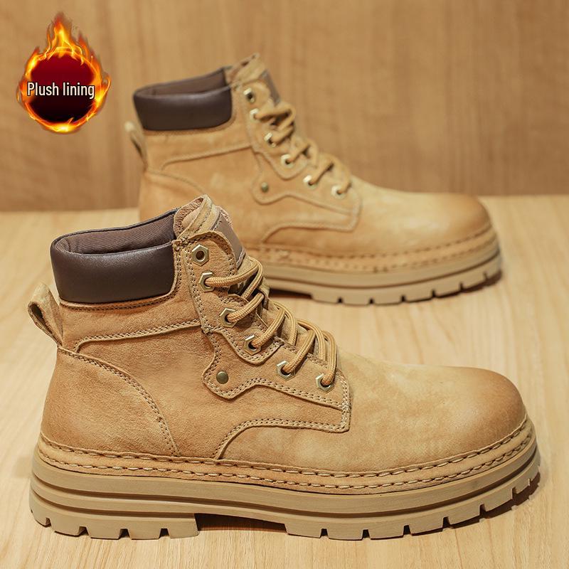 Men s British Style Retro High-top Leather Martin Boots - Thick Sole, Non-slip, Winter Work  Sports, Yellow 40