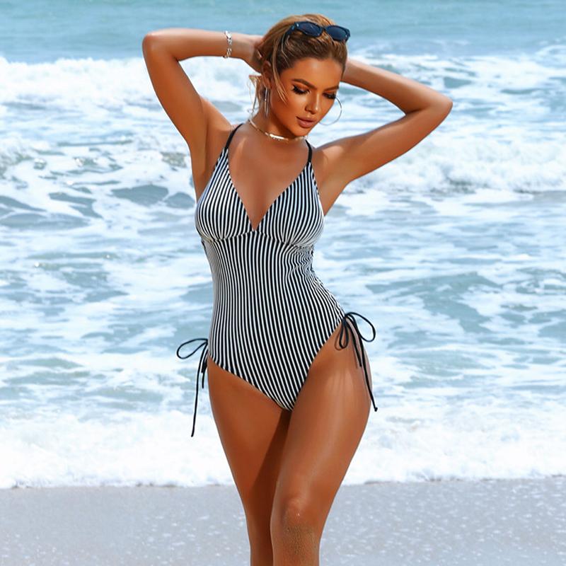 Maillot de bain rayé une pièce pour femme, vêtements de plage, bikini d'été, push-up, maillot de bain rembourré