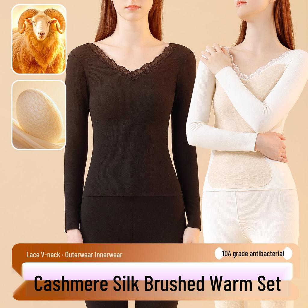 Women's Lace V-neck Warm Lingerie Set: Seamless Slimming Antibacterial Base Layer for Autumn and Winter