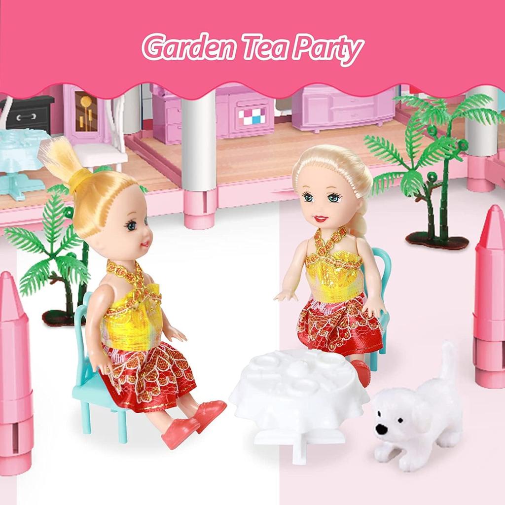 Doll House for Girls with Lights Rooms Dolls Figure Puppies Furnitures Accessories Princess Toddler Dollhouse Playhouse Gift