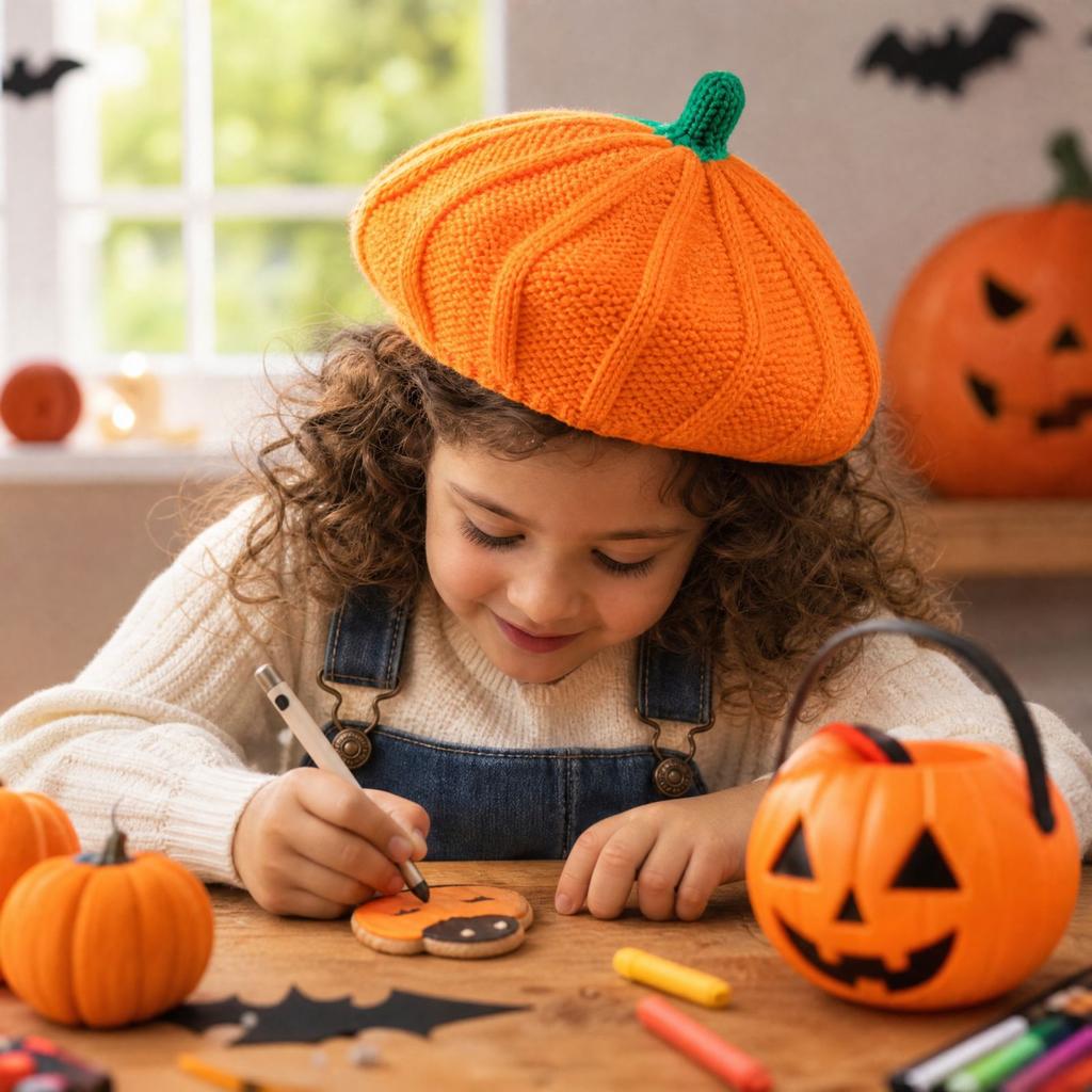 Berretto a maglia arancione zucca di Halloween per bambini, cappello caldo invernale per ragazzi e ragazze
