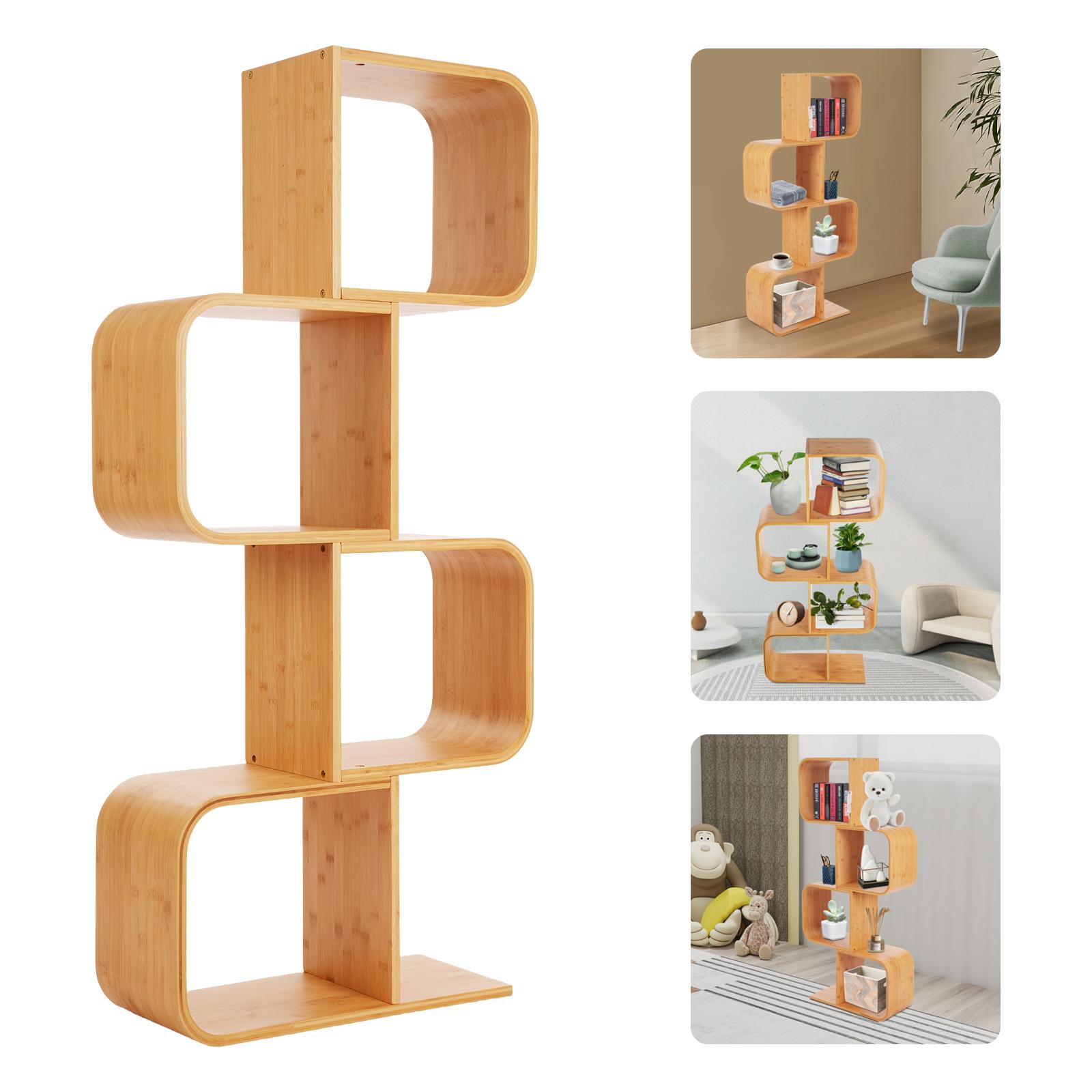 4-tier S-shaped Bamboo Bookcase,Wood Color Floor Standing Bookcase 56*23*132cm for Study Rooms,Offices