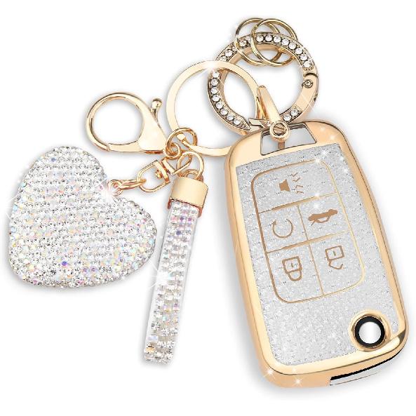 QBUC for Chevy Key Fob Cover with Diamond Keychain, for Chevrolet Equinox Malibu Camaro Cruze Impala GMC, for Buick LaCrosse Regal Allure Key