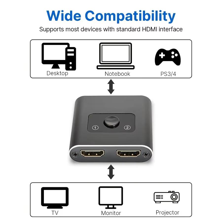 HDMI TV 4K Switcher 2 In 1 Out Distributor Converter 1 In 2 Out Bidirectional Switching for Blu Ray Player PS3 Projector Monitor