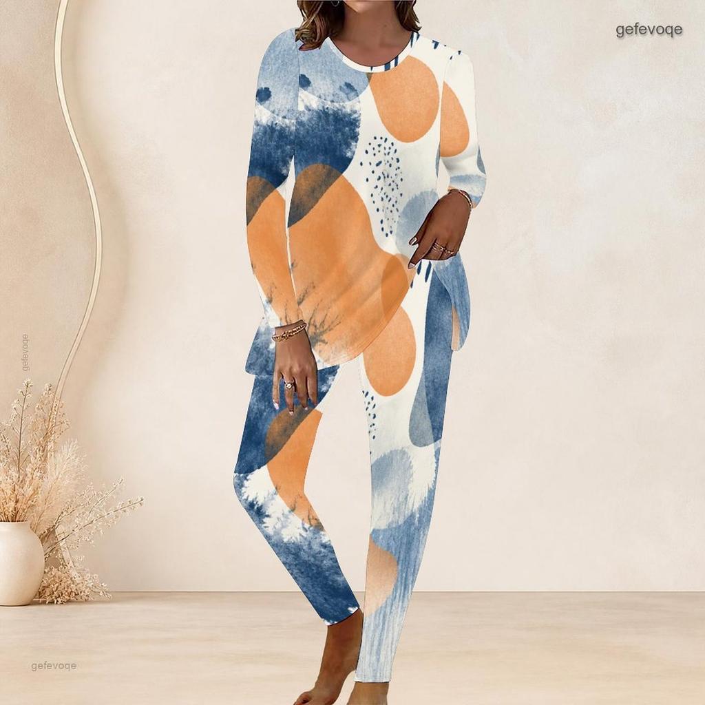 Women Plus Size Round Neck Long Sleeve Printed Longline Top Fitted Pants Two Piece Set White Blue Green