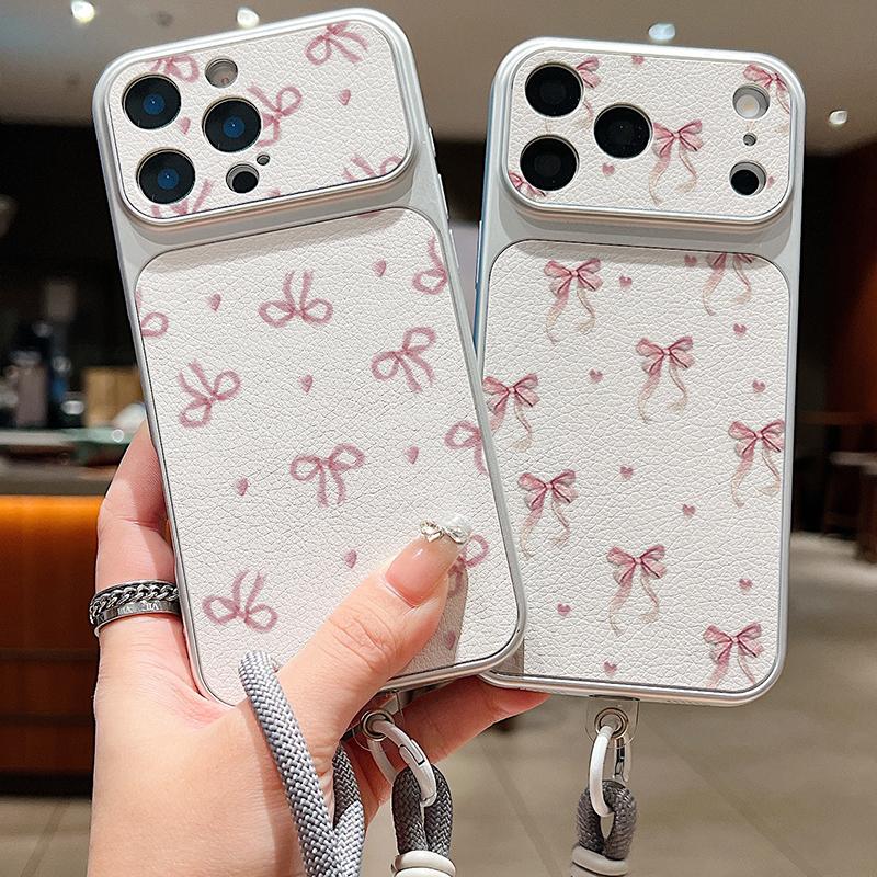Pink Bowknots Floral Leather Lanyard Case For iPhone 18 Pro Max 17 16 15 14 13 Pro Max Luxury Hybrid TPU+PU Anti-skid Soft Phone Cover