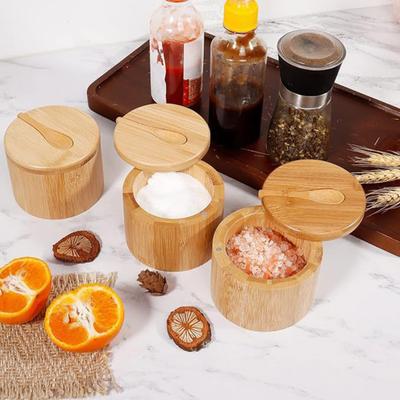 Bamboo Salt Cellar with Magnetic Swivel Lid Round Salt Box for Storing Salt Pepper Sugar Herbs Functional Spice Container Storage Tank
