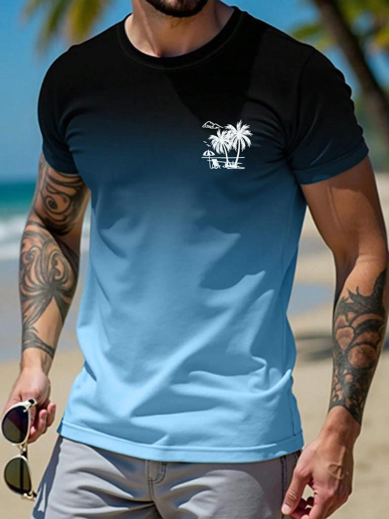 Men's T-shirt Gradient 3D Print Short-sleeve T-shirt Daily Wear Hawaiian Palm Tree Print Fashion Casual Polyester Men's Clothes
