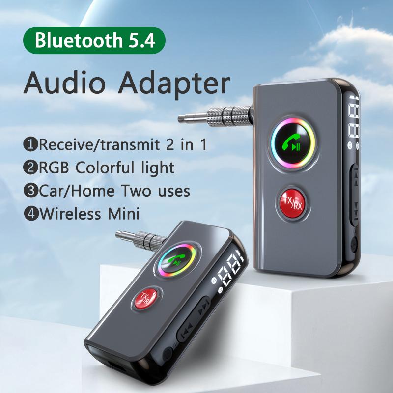 RGB Bluetooth 5.4 Audio Sender Empfänger 3,5 mm AUX Stereo Musik Drahtloser Adapter mit Mikrofon Unterstützung TF-Kartenwiedergabe für Auto TV PC