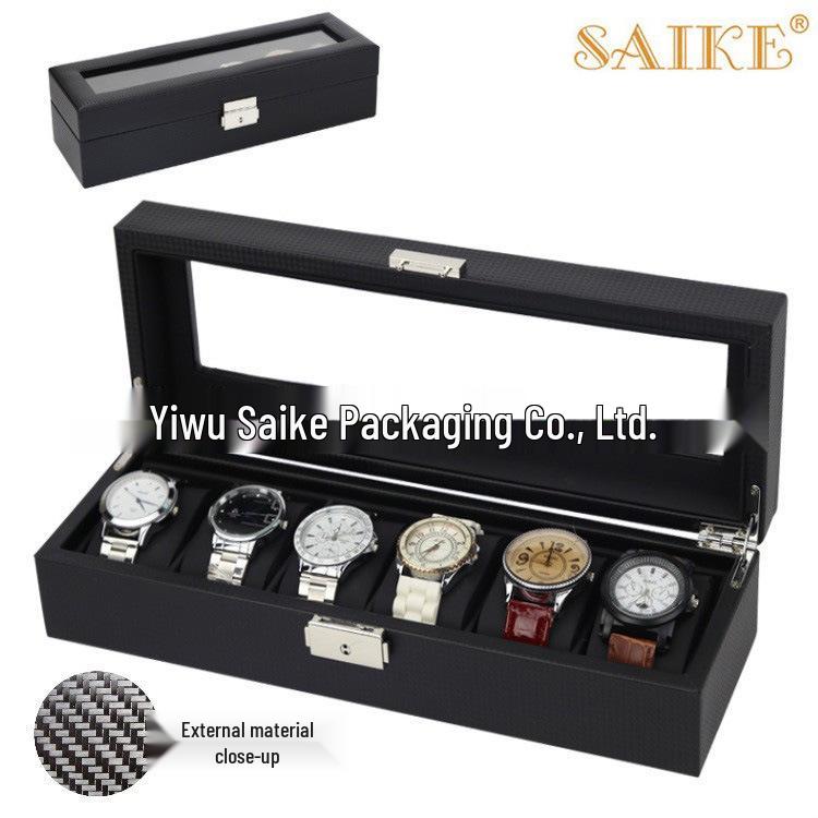 Carbon Fiber 6-Slot Leather Watch Display Box - PU Storage for 6 Watches