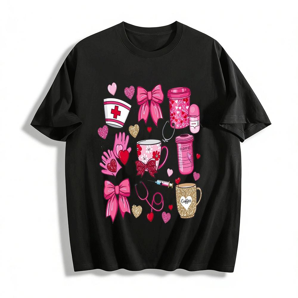 Nurse Life Coffee Lover Print Top Valentine Medical Themed Tee Pure cotton T-shirt XXS