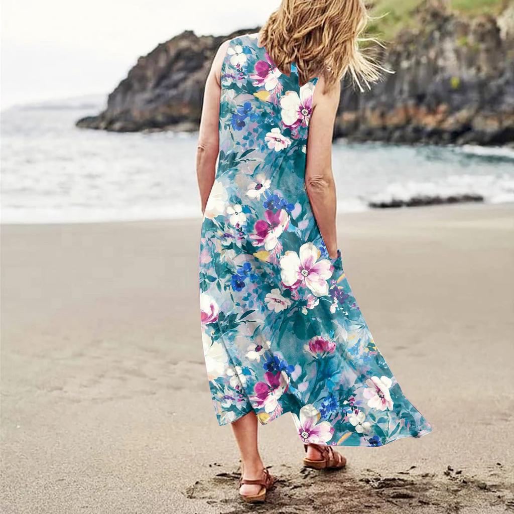 Fashion Summer Casual Comfortable Flower Print Sleeveless Cotton With Pocket Beach Dress For Women