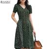 ZANZEA Women Casual V-Neck Summer Short Sleeve Print Dress