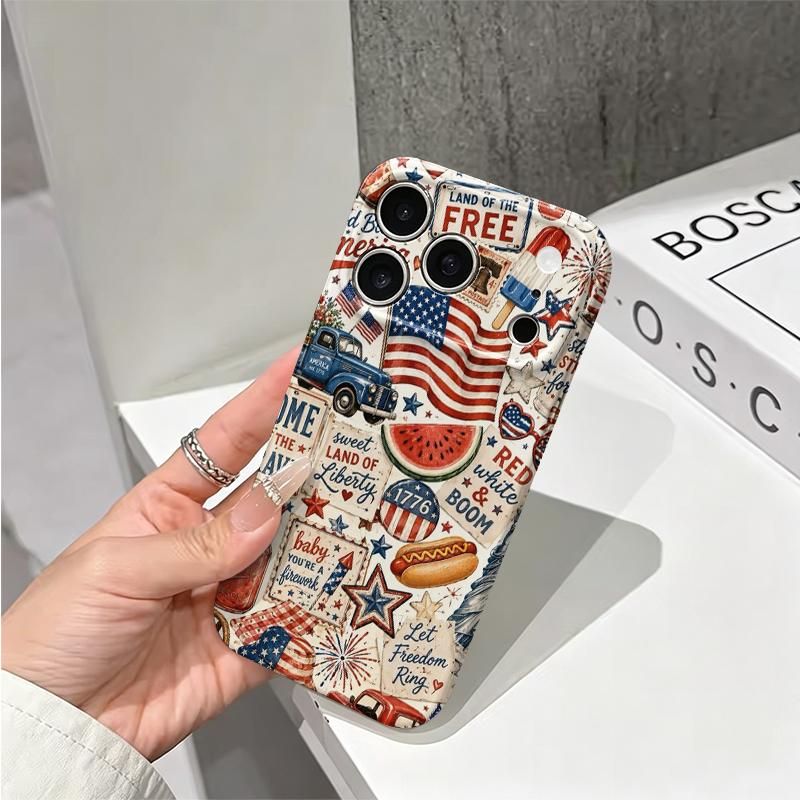 Red White Blue Scrapbook Flag Truck Hotdog Firework Art Film Aesthetic Protective Shockproof Bumper Case For iPhone 13 14 15 16 17 Pro Max Plus