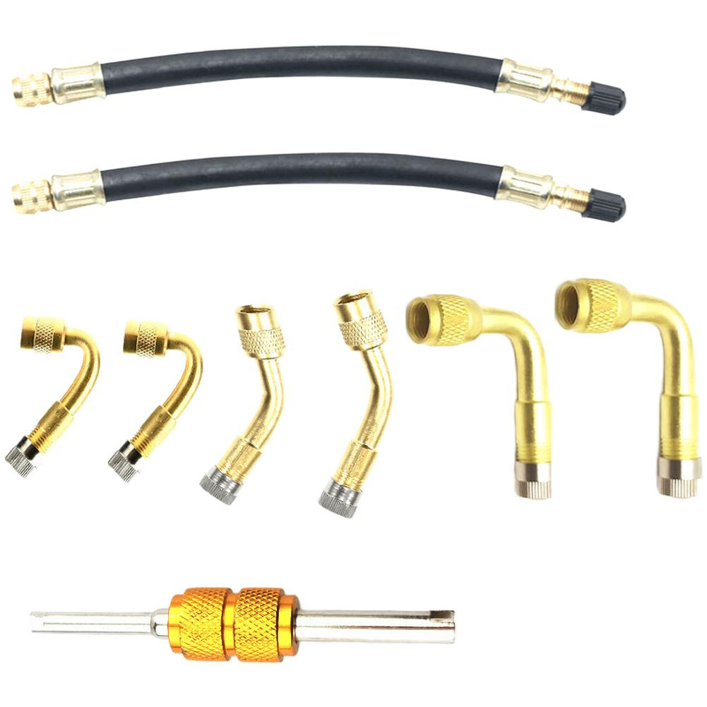 Set of 9 Brass Tire Inflation Extension Rods and Metal Air Connector Adapter for Tubeless Valve Use On Cars and Motorcycles