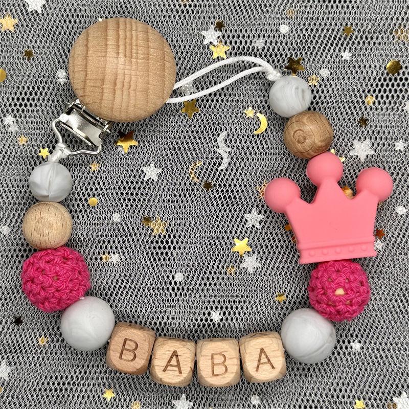 Individueller Personalisierter Name Handgefertigt Buchenholz Schnullerclip Halter Kette Silikon Krone Perle Beißring Baby Zahnen Geschenk